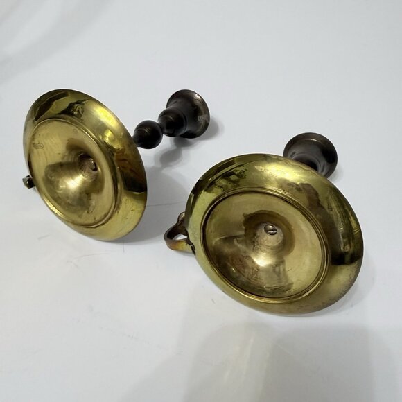 Pair Brass Chamberstick Drip Tray Finger Loop 4.5" Light Tarnish As Found - Picture 3 of 5